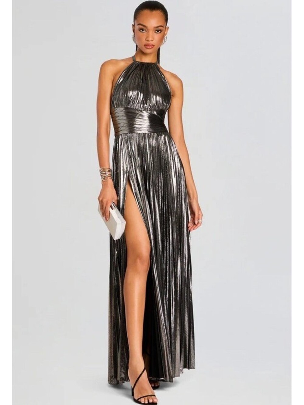 $798 Retrofete Reiss Dress Silver Lame Pleated Halter Cape Designer Dress XL